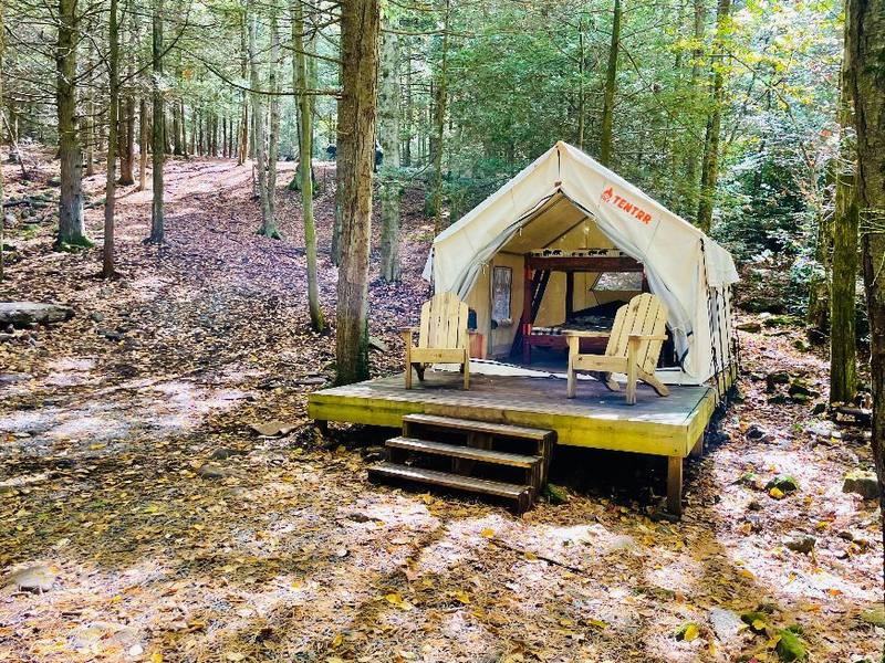 Safari tent with Adirondack chairs on a raised deck under tall trees